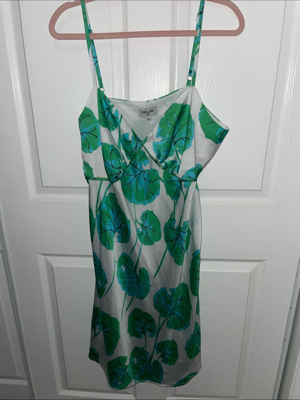 Diane Von Furstenberg White Slip Dress with Green Leaf Print